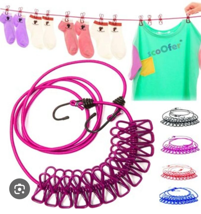 Cloth Drying Rope with 12 Clips and Cloth Hanging Rope for Cloth Drying Multicolor