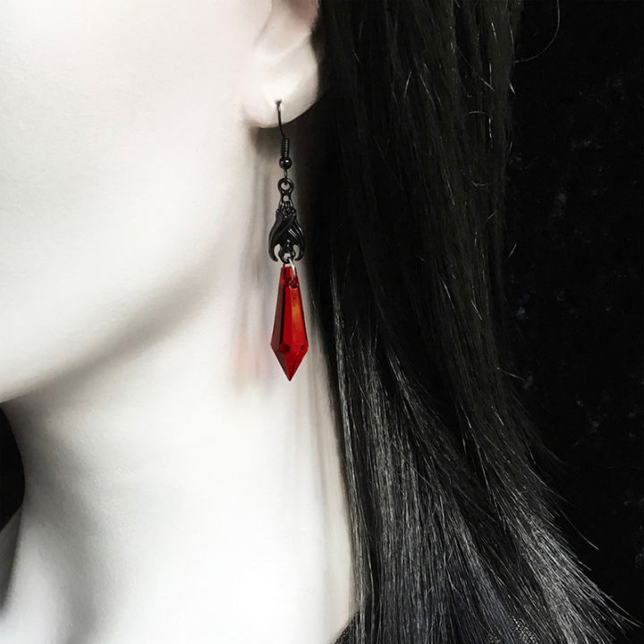 Black Bat Earrings with Red Teardrop Beads, Earrings, Gothic Jewelry, NMP
