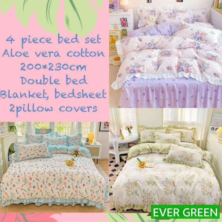 Bed Set Bedding Set Four Piece Set 4 pcs set for Bedroom Bedset King Size 2m Bedroom Set Blanket Cover + Bedsheet + 2 Pillow Covers Aloe Vera Cotton Cute Floral Animal Pattern Colorful Ideal for gift Children Girl Bedroom Set Machine Washable 200*230