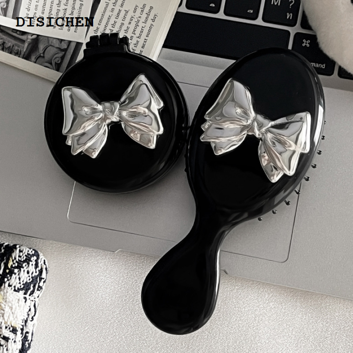 DISICHEN 【2025 Version】 Mini Hair Comb With Mirror Foldable Comb Travel Portable Massage Women Girl Hair Brush Black Boeknot Comb Styling Tools Gift