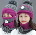 Women's Slouchy Knit Knitted Topi Scarf Mask 3-Piece Set for Winter Comfort. 
