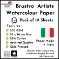 Brustro Artists Watercolour Paper 25% Cotton Cold Pressed 300 GSM Size - 56 x 76 cm,10 Sheets. 