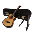 Wooden Miniature Guitar with Stand and Case Mini Musical Instrument Miniature Doll House Model Home Decoration Easy Install Easy to Use. 