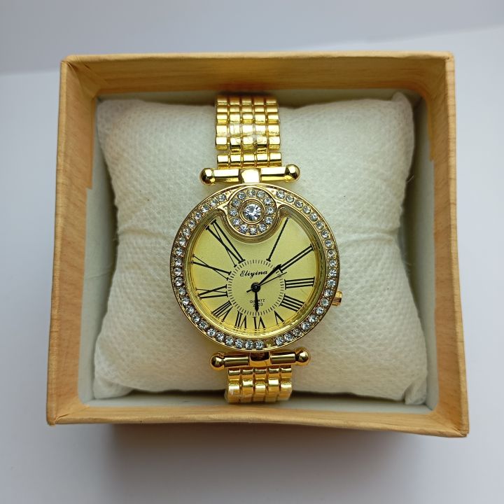 Fashion Watch For Women | Round Stone Curved Gold Roman Numbering Dial ...