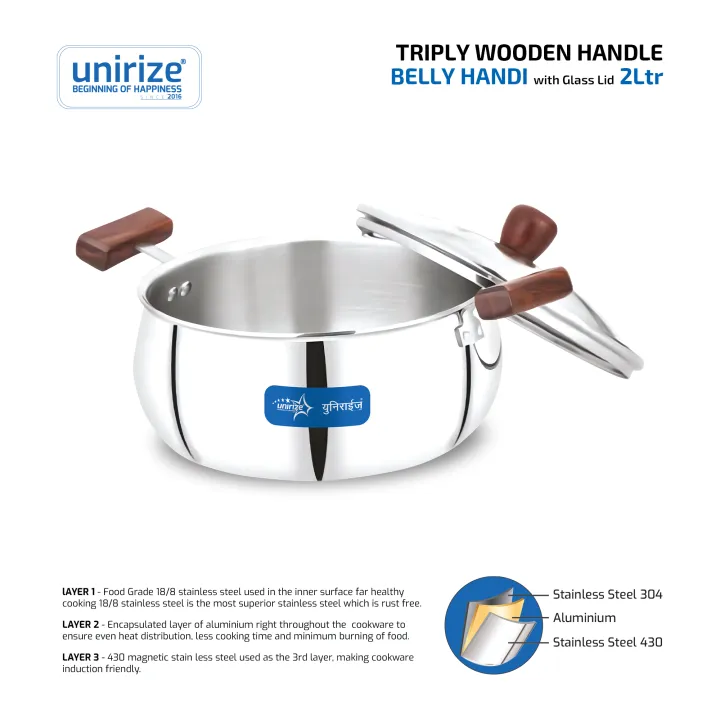 "Unirize%20Triply%20Wooden%20Handle%20Handi%20with%20Glass%20Lid%204%20Liter"%20-%20Image%202