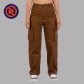 Nepster Brown High Rise Premium Straight Fancy Cotton Cargo Box Pants For Women. 