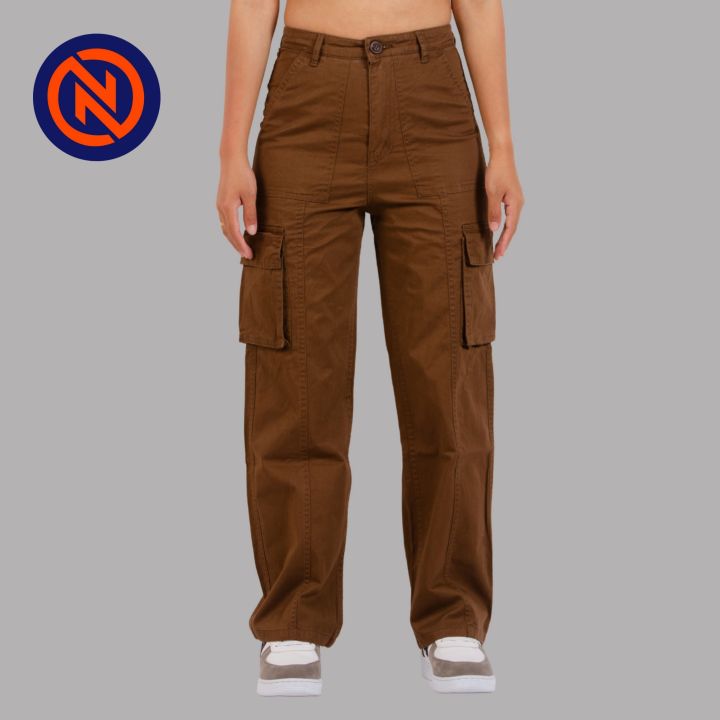 Nepster Brown High Rise Premium Straight Fancy Cotton Cargo Box Pants For Women