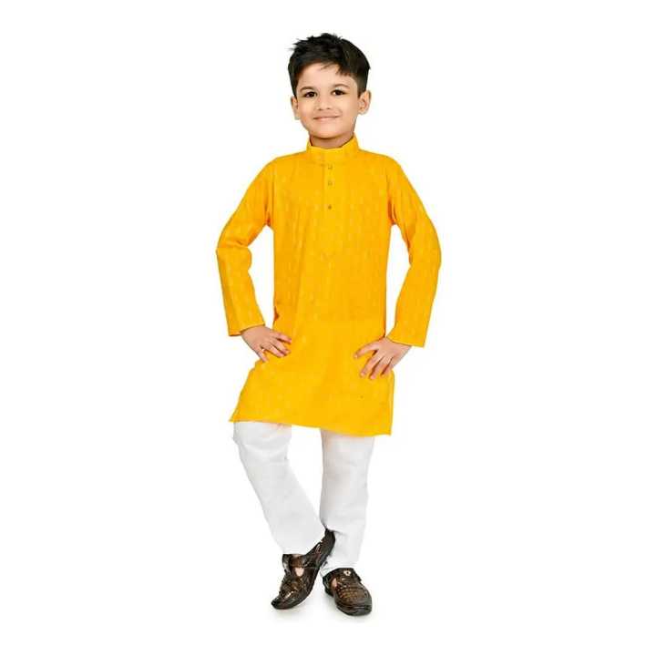 Yellow Cotton Printed Kurta Pyjama Set For Kids