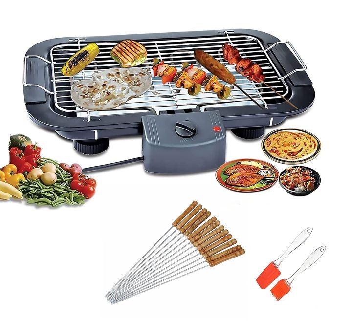 2000w Electric BBQ Smokeless Grill Adjustable Portable Temperature Barbeque Control With 12 Skewers And 1 Silicon Oil Brush & Spatula Home Hotel Restaurant Indoor Outdoor