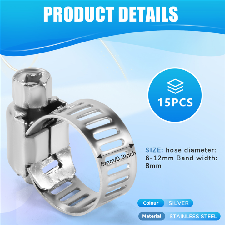 15%20Pcs%20Stainless%20Steel%208mm%20to%2012mm%20Hose%20Pipe%20Clamps%20Clips%20Fastener%20-%20Image%202