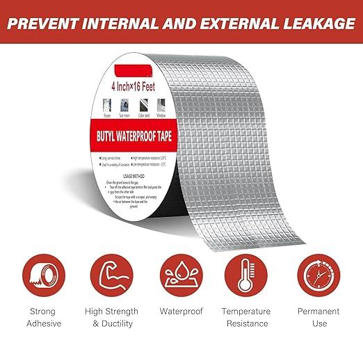 Super Strong Adhesive Waterproof tape Permanent Repair Aluminum Butyl Roof Water Leakage Solution Rubber Foil Suitable for Leak , surface Crack , Window Sill Gap , Sealing , Tank