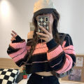 Women Striped Jumper Vintage Female Autumn Long Sleeve Casual Cropped Sweater. 