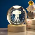 JellyFish 3D Crystal Ball LED Table Lamp With Wooden Base, USB Powered. 