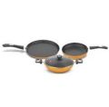 ‎Preethi CSW025  Dura Collection Non Stick Set, 28 cm Tawa, 26 cm Frying Pan, 26 cm Kadai, with Glass Lid, Gas & Induction Compatible, 5 Star Non Stick Effect, Turmeric Yellow. 