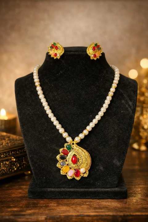Diyou Pearl String Necklace with Gold Pendant Set | Traditional Indian Bridal Jewelry | Party Wear Earrings For Women