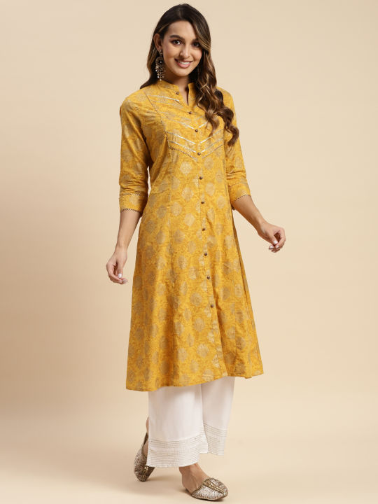 Rangita Women Cotton Gold Printed Calf Length Kalidar Kurti