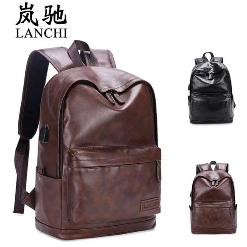 Black Solid PU Leather Large Capacity Backpack For Men Black