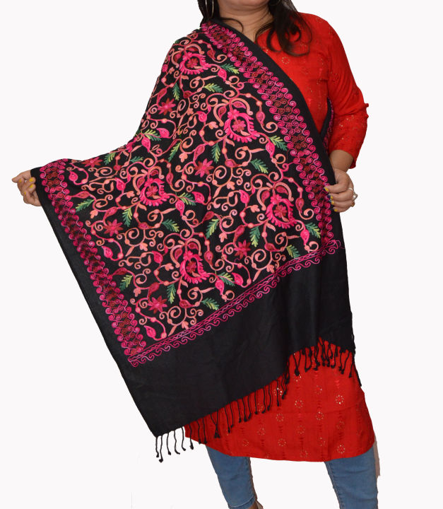 Sunshine Black Full Jaal Kashmiri Work Pashmina Shawl For Women