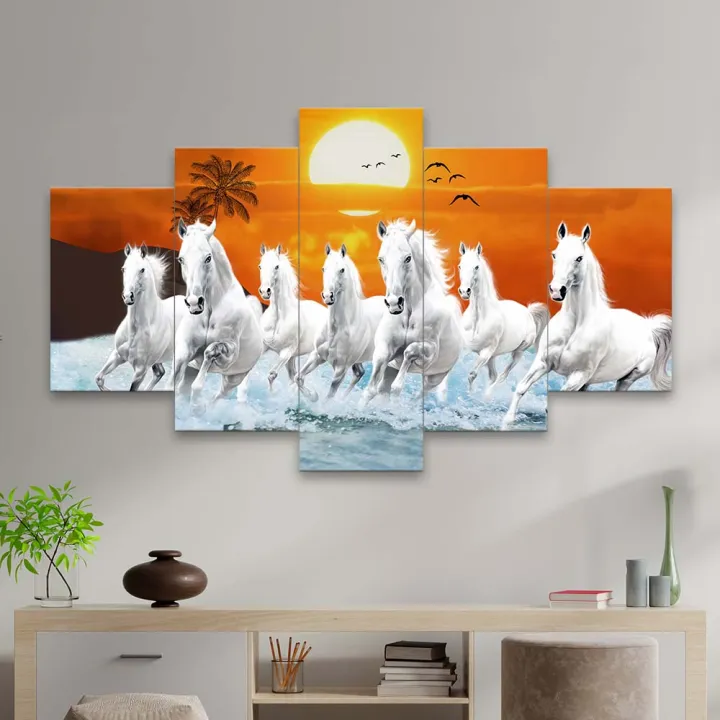5%20Panel%20Custom%20Manipulated%20seven%20white%20horse%20Significant%20on%20Vastu%20Matte%20Canvas%20Cotton%20Print%20Large%20Size%20-%20Image%205