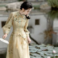 New Chinese style buckle cheongsam dress Women's Spring and Autumn New Chinese style retro modified dress waist-tight long dress. 