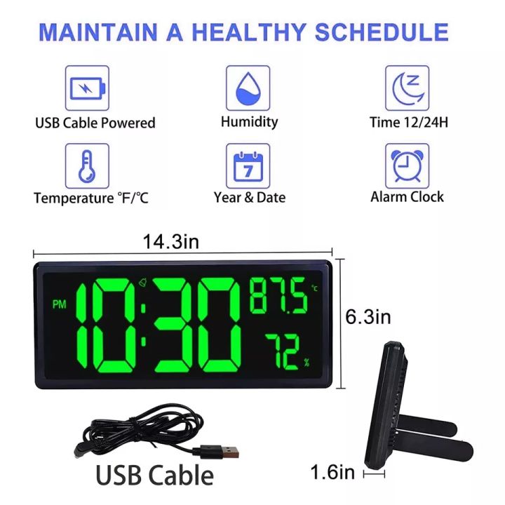 Large Digital Wall Clock 3808 Display With Temperature And Humidity 14.3 Inch LED Numbers For Home Office