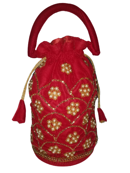 Behuli Thaili, Nepali Style Women Surke Thaili, Golden Shine Pote Floral Embroidered Moti Studded Thaili For Women