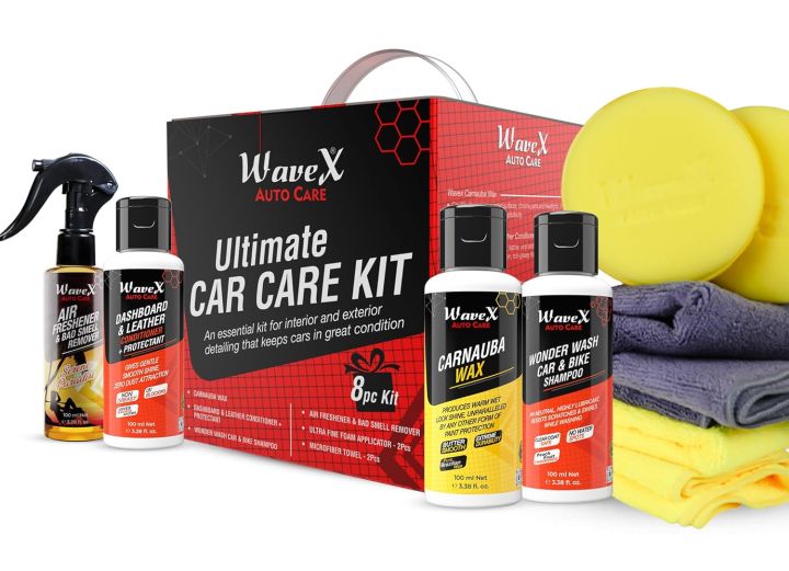 Wavex | 8Pc Ultimate Car Care Kit | Complete Exterior & Interior Car Detailing Set | Includes Car Shampoo, Polish, Wax, Microfiber Towels & More | All-in-One Car Cleaning & Protection Kit | Car wash kit, car detailing combo, car care essentials