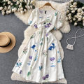 Off White Puff Short Sleeve Printed V-Neck Vintage Temperament Bohemian Floral Fairy Dress For Women. 