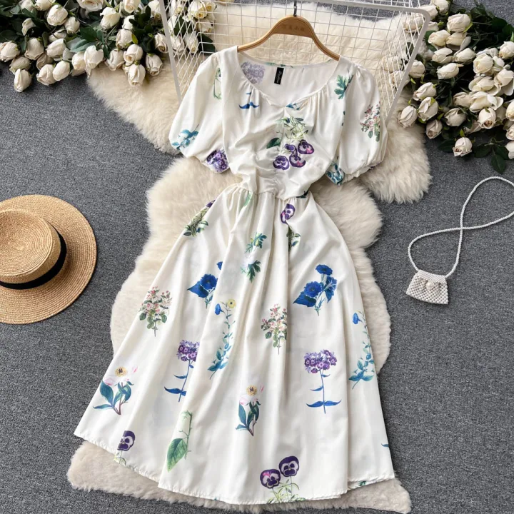 Off%20White%20Puff%20Short%20Sleeve%20Printed%20V-Neck%20Vintage%20Temperament%20Bohemian%20Floral%20Fairy%20Dress%20For%20Women%20-%20Image%204