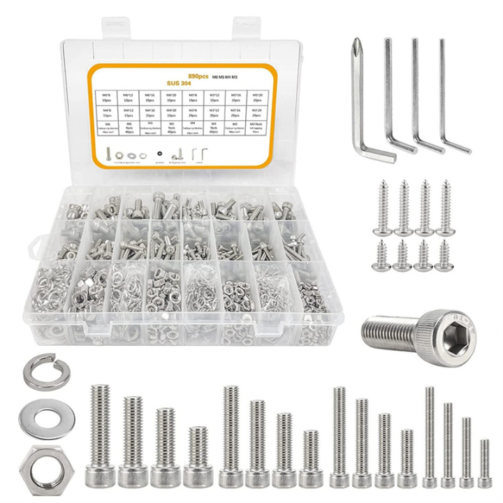 890Pcs M3-M6 Screw Assortment, Socket Cap Screws Hex Screws Assortment ...