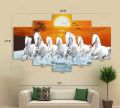 5 Panel Custom Manipulated seven white horse Significant on Vastu Matte Canvas Cotton Print Large Size. 