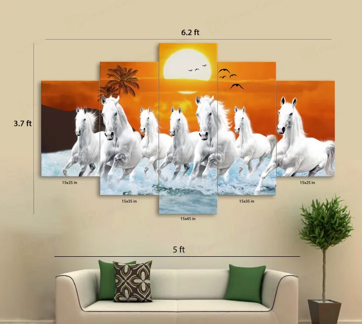 5%20Panel%20Custom%20Manipulated%20seven%20white%20horse%20Significant%20on%20Vastu%20Matte%20Canvas%20Cotton%20Print%20Large%20Size%20-%20Image%202
