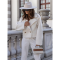 Women Crop Pea Coat Wool Blend Office Work Lapel Collar Short Winter Jacket Trench Coat White L. 