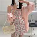 Korean Summer Printed Vintage Floral One Piece With Outer Shirt Set For Women - Fashion | One Piece For Women. 