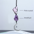 2Piece Hanging Accessories Rose Quartz and Rearview Mirror Decorations Dangling Moon Star Handmade Hanging Ornaments Perfect Gift. 