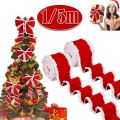 Portable 1/5m Christmas Decoration Red Ribbons DIY 5cm Wide Christmas Bows White Fur Edge Wreath Bows Christmas Decoration. 