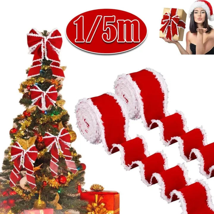 Portable%201/5m%20Christmas%20Decoration%20Red%20Ribbons%20DIY%205cm%20Wide%20Christmas%20Bows%20White%20Fur%20Edge%20Wreath%20Bows%20Christmas%20Decoration%20-%20Image%203