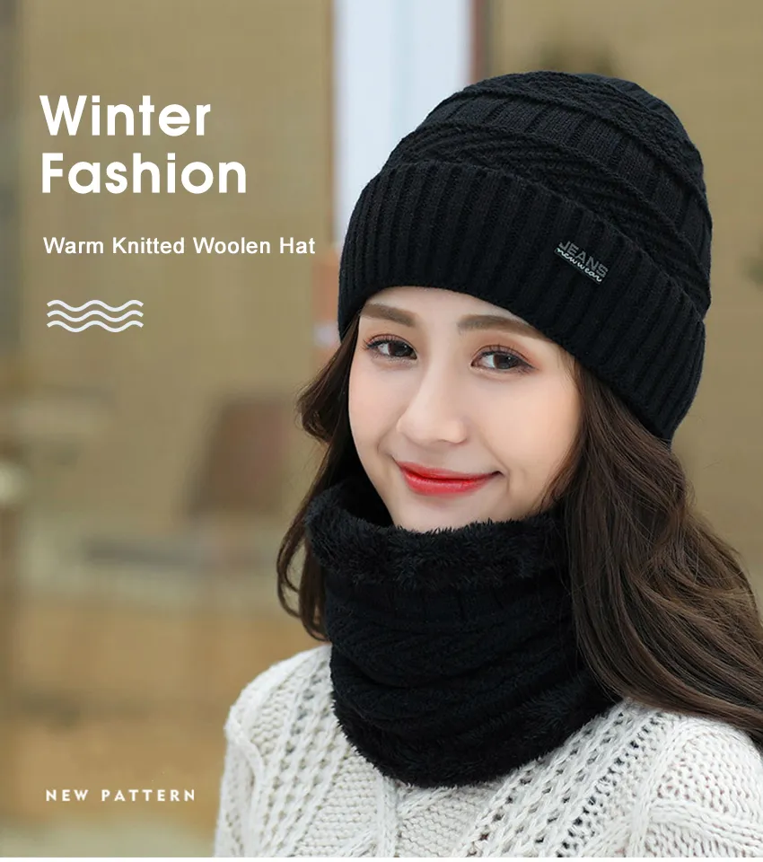 Winter Knitted Hats Caps Scarf Knitted Wool Hats Plush Lining Warm