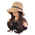 Casual Sun Protection Summer Straw Sun Hat Wig Breathable Foldable Fisherman Hat with Built-in Wig Wide Brim Hairpiece Long Wavy Curly Hair Vacation Accessory. 