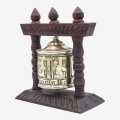 Dark Maroon Handmade Wooden Om Mane Padme Hum Single Wheel Stand. 