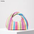 Sutuiying Vintage woven handbag, simple commuter bag, beach wind rainbow Bargain price bag, holiday casual straw purse (random pattern). 