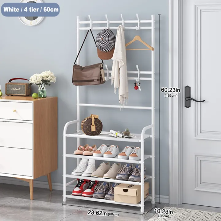 Multifunction 4 Tier Entryway Coat Hanger Shoe Rack Storage White Color ...