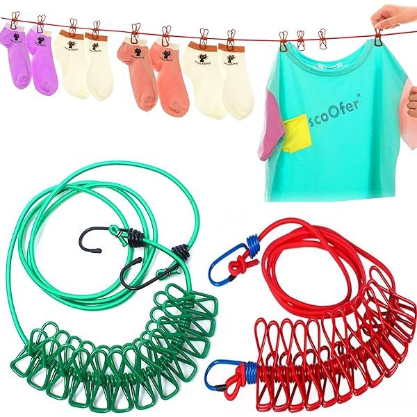 Portable Multi Functional Elastic Drying Rope with 12 Clips 7 Feet Long (the maximum stretch to: 15Feet )