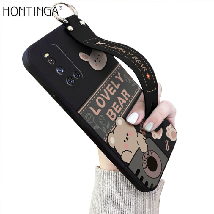 Hontinga for Vivo V19 Back Cover Wrist Strap Cute Bear Printed Square Liquid Silicone Phone Case