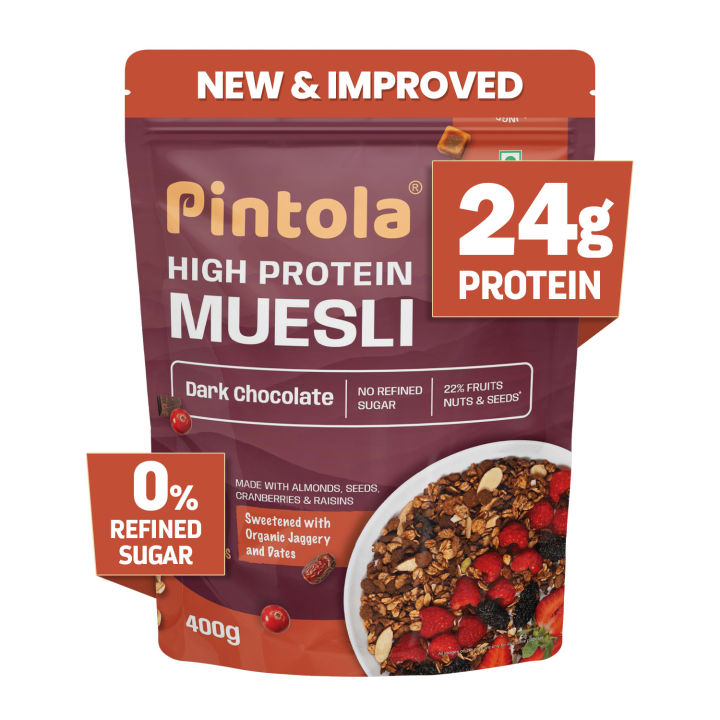 Pintola High Protein Muesli Dark Chocolate & Cranberry 400g, 24g Protein, High Fibre, Real Fruits, Muesli for Breakfast Food, Muselies Fruit Nuts and Seed