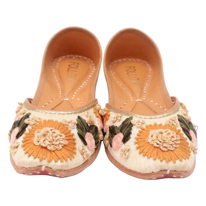 Light Green Follow To Wear Hand Made Flower Design  Leather Jutti For Women