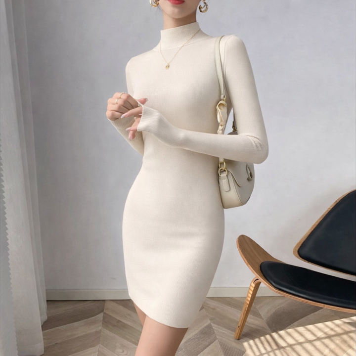 Turtle Neck Rib Bodycon Dress For Women Form Fitting Long Sleeve Winter Fashion Top Elegant Style