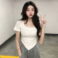Women Short Sleeve Square Neck T-Shirt Summer Irregular Hem Slim Casual Bottom TopsNIUMAO. 
