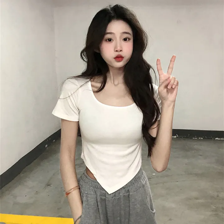 Women%20Short%20Sleeve%20Square%20Neck%20T-Shirt%20Summer%20Irregular%20Hem%20Slim%20Casual%20Bottom%20TopsNIUMAO%20-%20Image%205