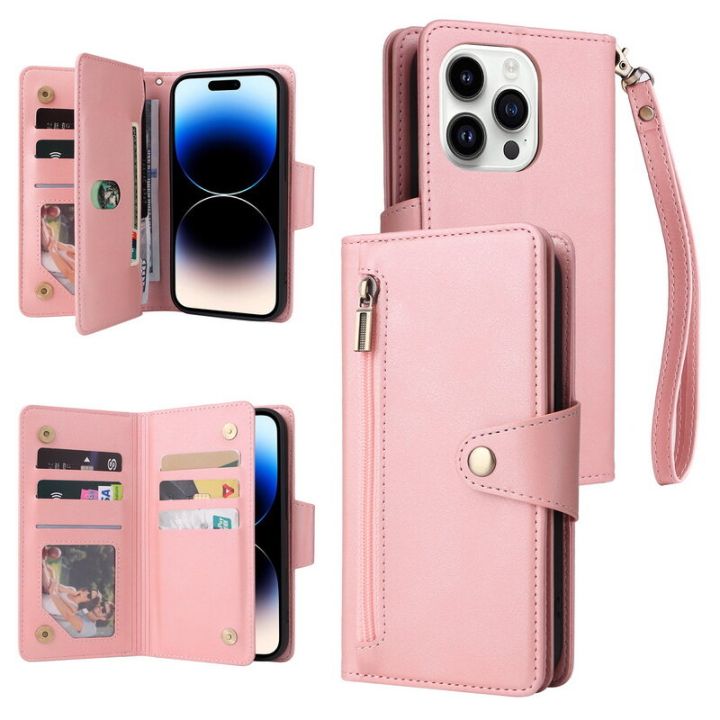 Leather Hybrid Zippered Back Wallet Phone Case Cover With Wrist Strap For iPhone 15 14 13 Pro Max 12 11